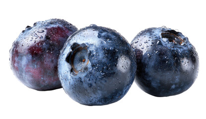 Obraz premium Three blueberries, close-up, wet with water droplets