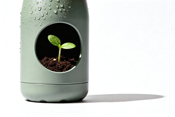 A seedling growing inside a green container with water droplets on a white background studio shot