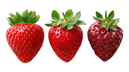 Close-up of three fresh strawberries with vibrant red color and green leafy tops, arranged in a row on a plain white background, highlighting their