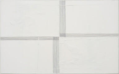 Abstract minimalist painting with intersecting grey lines on a white canvas