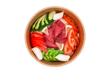 Delicious fresh tuna with avocado, cucumber, rice and cheese poke bowl in paper package for take away or food delivery isolated on white background. Top view. Healthy food. Traditional Japanese food. 
