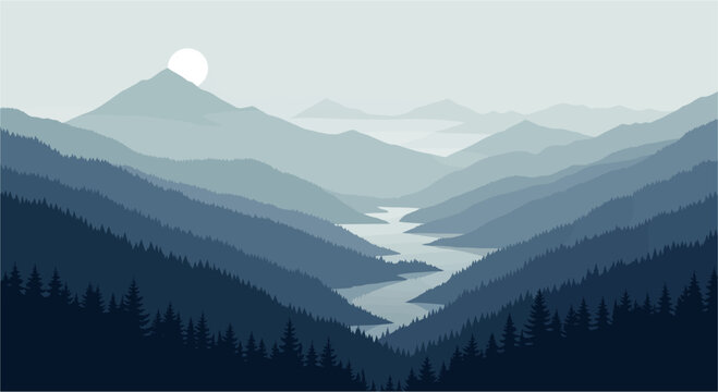 Stunning mountain landscape with river and sunrise, serene nature scene for travel and adventure inspiration