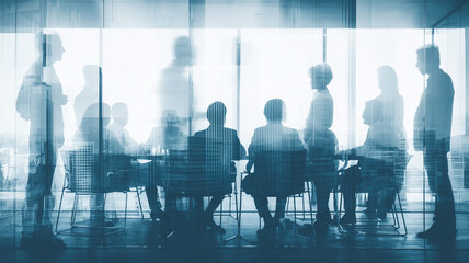 Executive team meeting concept with silhouettes of professionals around a conference table, symbolizing corporate strategy, cooperation and leadership in a technology driven business environment.
