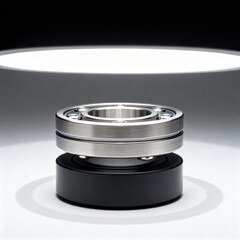 Close up of a metal ball bearing on a black stand under a bright light with a dark background