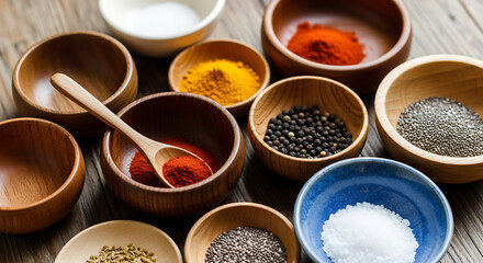 Assortment of colorful spices and seasonings in wooden bowls, ready for culinary creation.