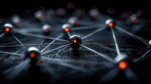 Network of metallic nodes connected by fine wires with active cores, depicting neural network connections, data transmission pathways and complex relationships in advanced technology systems.

