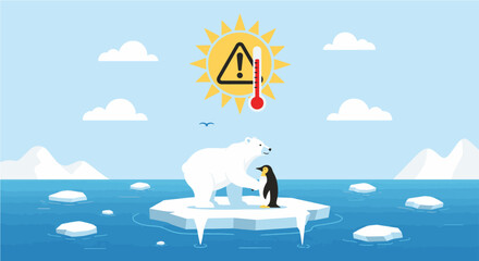 A cartoon illustration of a polar bear and a penguin on a melting ice floe under a hot sun with a warning sign, symbolizing global warming and climate change. © Fikri Fachry