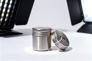 Silver metal jar with lid and string on white surface with studio lighting in the background