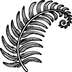 Obraz premium Curved fern leaf outline, hand drawn black botanical element elegant natural foliage, vintage plant illustration