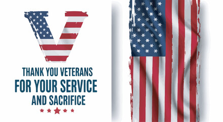 Patriotic Veterans Day graphic design with American flag and text: Thank You Veterans For Your Service.