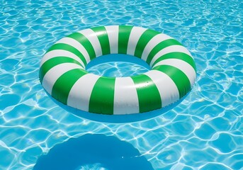 Summer fun green and white striped inflatable ring floating peacefully in a crystal blue swimming pool