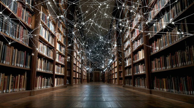 Bookshelves line a hall, symbolizing knowledge and interconnectedness. Illumination emphasizes the flow of information through learning spaces.