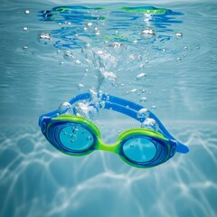 Swimming Goggles Floating Underwater with Bubbles in a Sparkling Blue Pool Environment