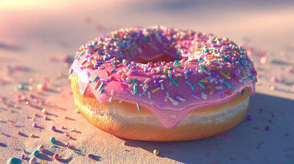 A close-up captures a frosted doughnut adorned with colorful sprinkles, set against a soft, dreamlike background creating a delightful visual treat.