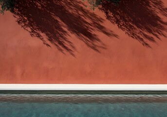 Terracotta wall with shadows of branches and pool surface reflecting light in summer