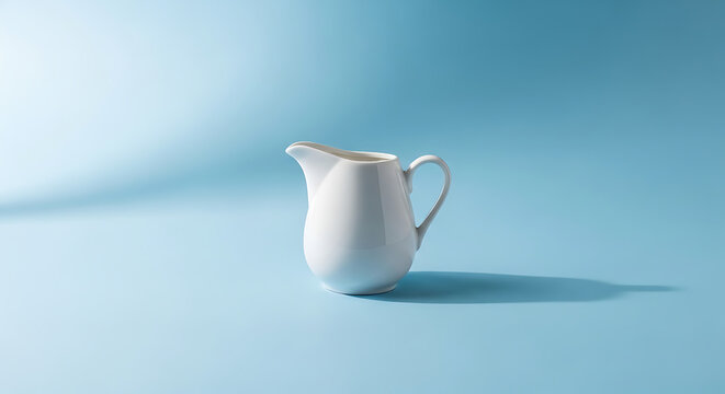 A white ceramic creamer pitcher sitting on a light blue surface with a soft shadow behind it in studio