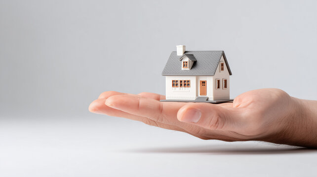 Open hand holding a house model representing real estate investment, home insurance protection and long term financial security.