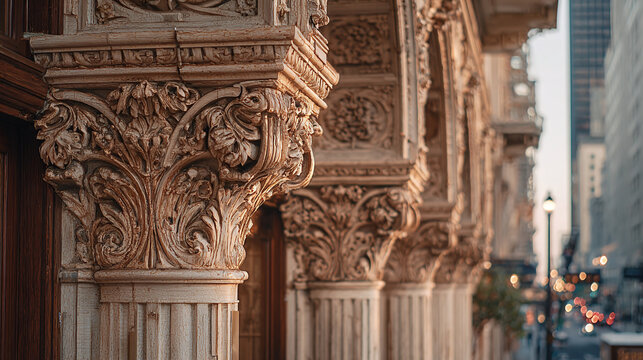 Detailed architectural facade showcasing ornate carvings and classical pillars, capturing the grandeur of urban artistry and historic design.