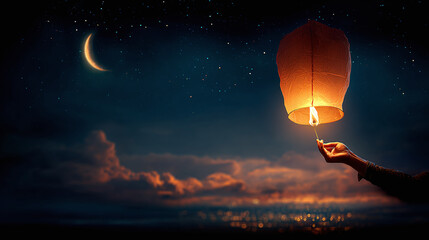 Sky lantern takes flight under a starry night sky. Wish upon a star, and let your dreams soar into the universe. Magical moments await.