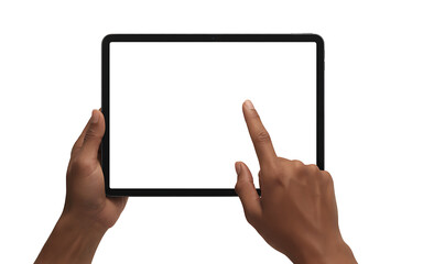 Persons hands holding a tablet with a blank white screen isolated on white background