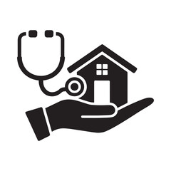 Stethoscope and house on hand icon representing home healthcare