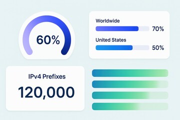 Data visualization of global internet adoption metrics highlighting 60% worldwide connectivity and 50% in the United States with IPv4 prefixes showcasing 120000 unique addresses