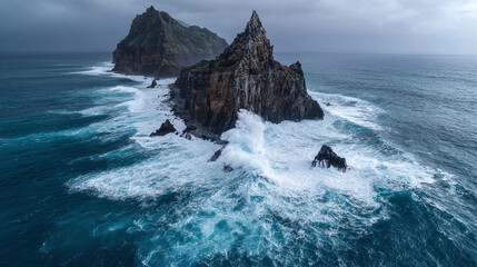 Dramatic coastal scene with towering cliffs, crashing waves, and a moody sky creating a dynamic display of nature's power and beauty.