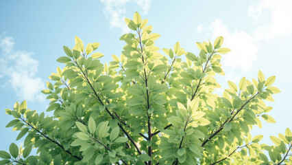 Lush green leaves on tree against bright blue sky with fluffy clouds create serene and peaceful atmosphere