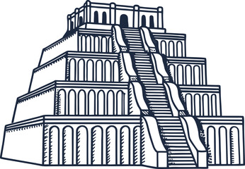 Obraz premium Ancient stepped pyramid ziggurat with grand staircases and columns, traditional mesopotamian temple architecture illustration