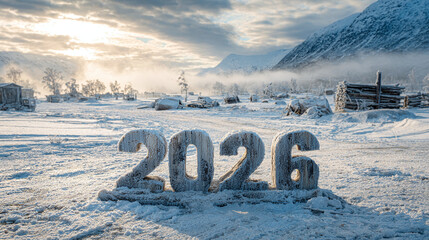 Frozen 2026 in a snowy landscape, marking the upcoming year with winter's touch and frosty anticipation of new beginnings in nature.