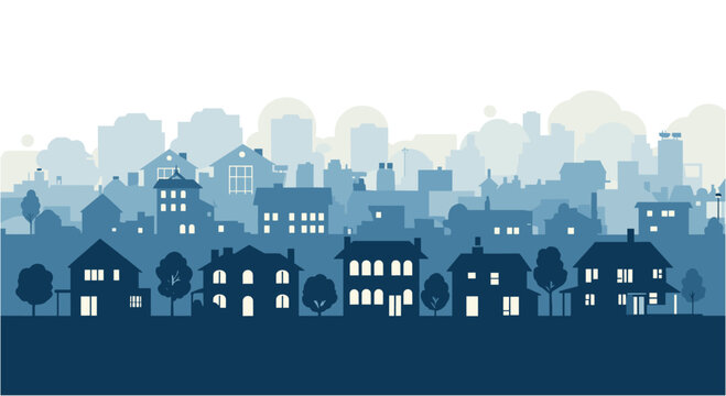 Dreamy blue cityscape silhouette with cozy houses and glowing windows perfect for a peaceful neighborhood