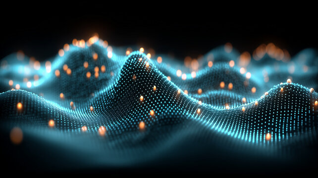 Curved mesh of luminous data points forming rolling waves in cyberspace, representing complex information networks, digital communication and the constant exchange of signals in connected systems.