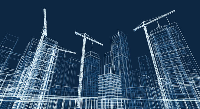 Dynamic blueprint of modern city skyline with construction cranes against deep blue sky for architects and developers - Powered by Adobe