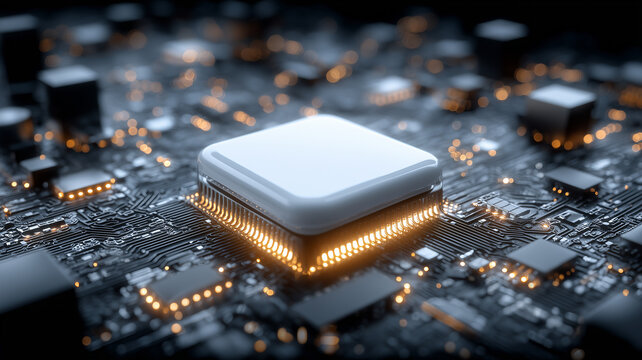 Futuristic square chip glowing on a circuit board to symbolize innovation, digital platforms and the core engine of smart technology.
