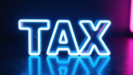 Neon sign displaying word TAX in bright blue light against dark background, creating modern and vibrant atmosphere