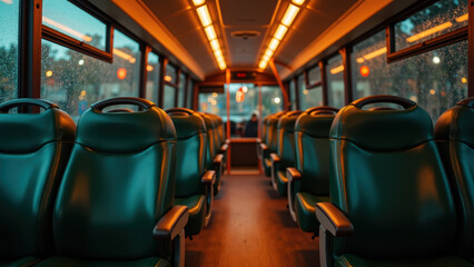 Empty bus interior with comfortable green seats, warm lighting, and rain on windows creates cozy atmosphere