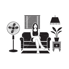 Woman relaxing on sofa in a room with a fan and lamp