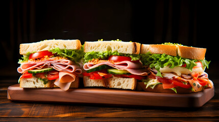 Colorful sandwiches with soft light sit on wood. Ideal for menus, food blogging, and social media promotions.