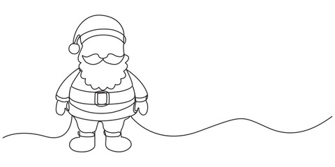 Continuous one line art drawing a santa claus. Continuous one line drawing of Christmas Santa Claus standing character, simple line art vector illustration.