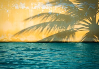 Tropical beach scene with water lapping against aged yellow wall and palm tree shadows