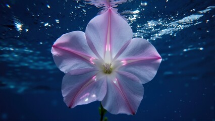 Delicate pink and white flower blooming underwater with soft light reflections and bubbles in serene blue water.