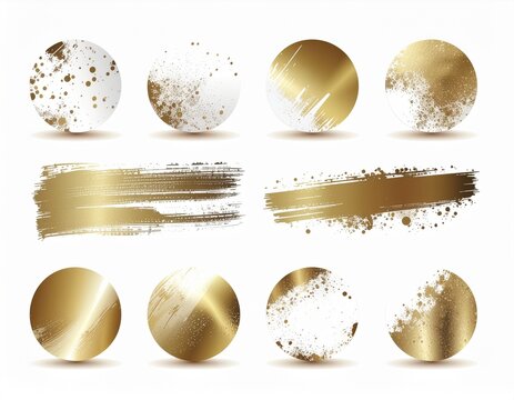 Biało-złote kształty, gradientowe, nakrapiane złotą farbą koła i złote pociągnięcia pędzlem na białym tle