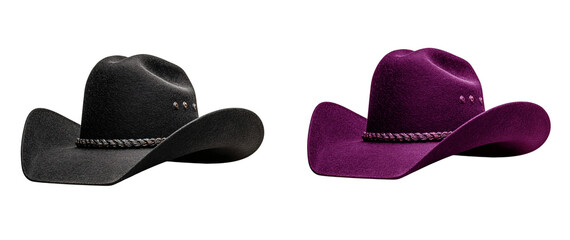 Two cowboy hats one black and one purple against a on transparent background