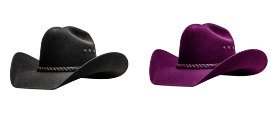 Two cowboy hats one black and one purple against a on transparent background