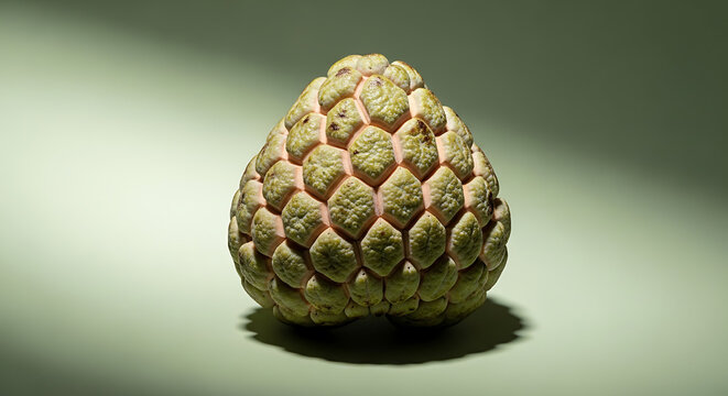 A custard apple fruit with a textured surface on a plain background under soft lighting conditions
