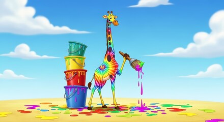 Tie dye giraffe painting scene with dripping paint and stacked buckets