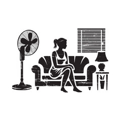 Woman sitting on sofa near fan and lamp in room