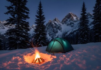 Winter Camping Adventure Cozy Tent and Campfire Under Snowy Mountain Peaks at Night