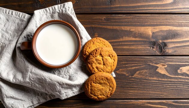 Rustic Arrangement of Milk and Cookies on a Textured Wooden Surface