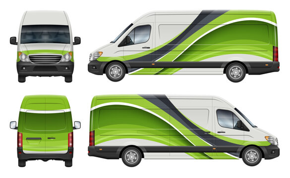 Delivery cargo van wrap vector mockup view from side, front, rear. Perfect for vehicle branding, corporate identity and design concepts. All elements in the groups are in separate layers.